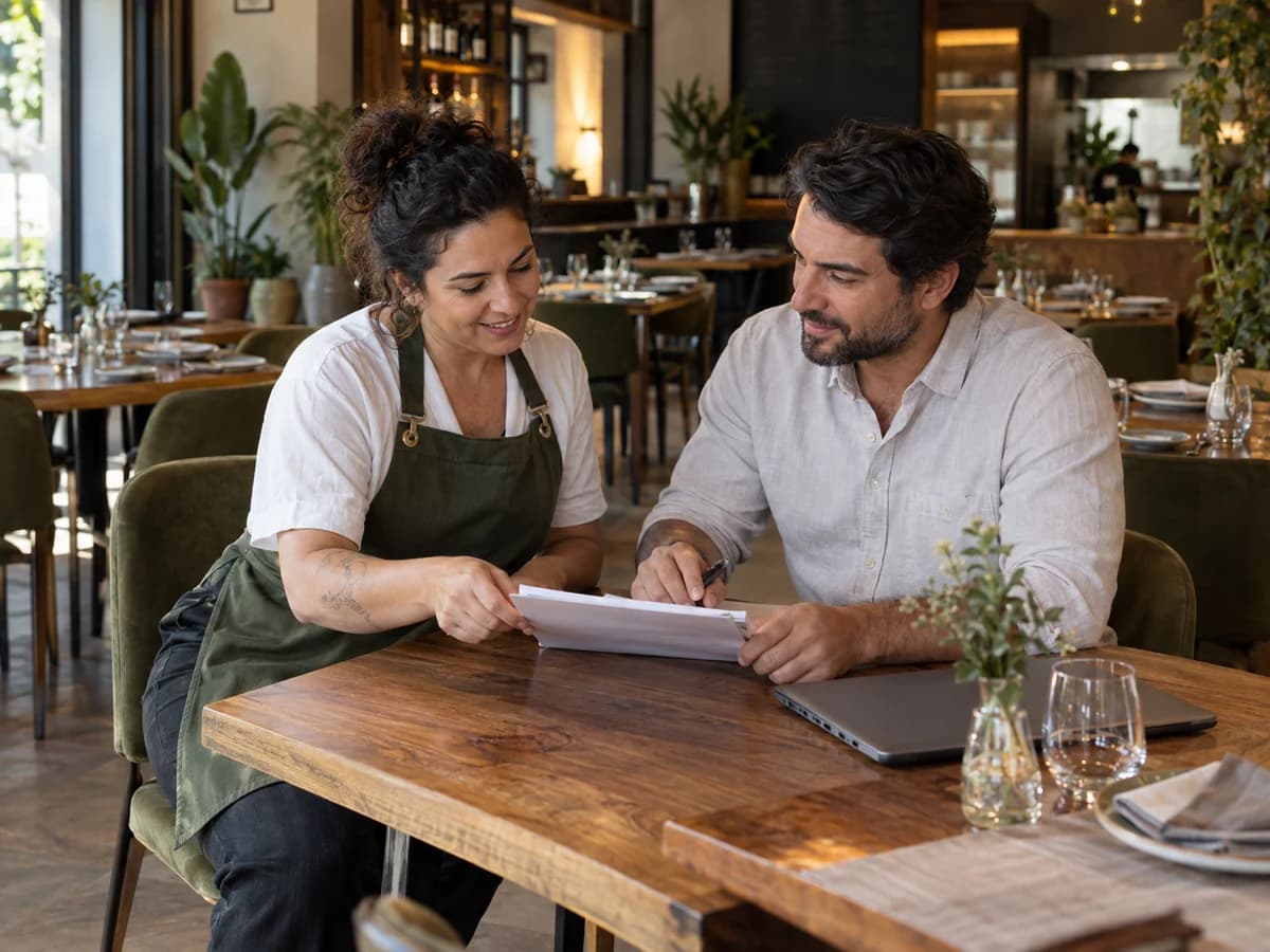 Cena ilustrativa de uma dona de restaurante analisando a operação com um consultor
