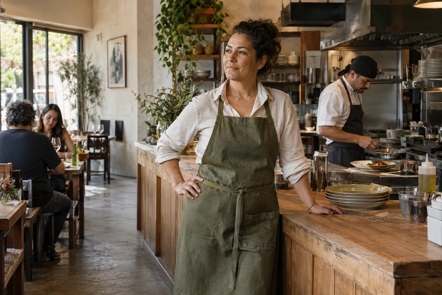 Cena ilustrativa de uma dona de restaurante em seu salão, com a equipe preparando pratos ao fundo